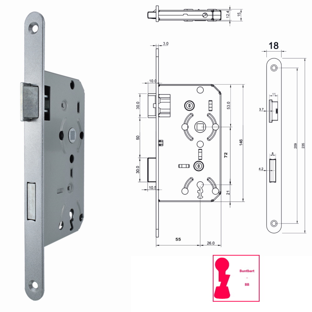 Bever Einsteckschloss Zimmertür BB PZ WC 55/72/8 - 18mm Stulp rund Metallfalle