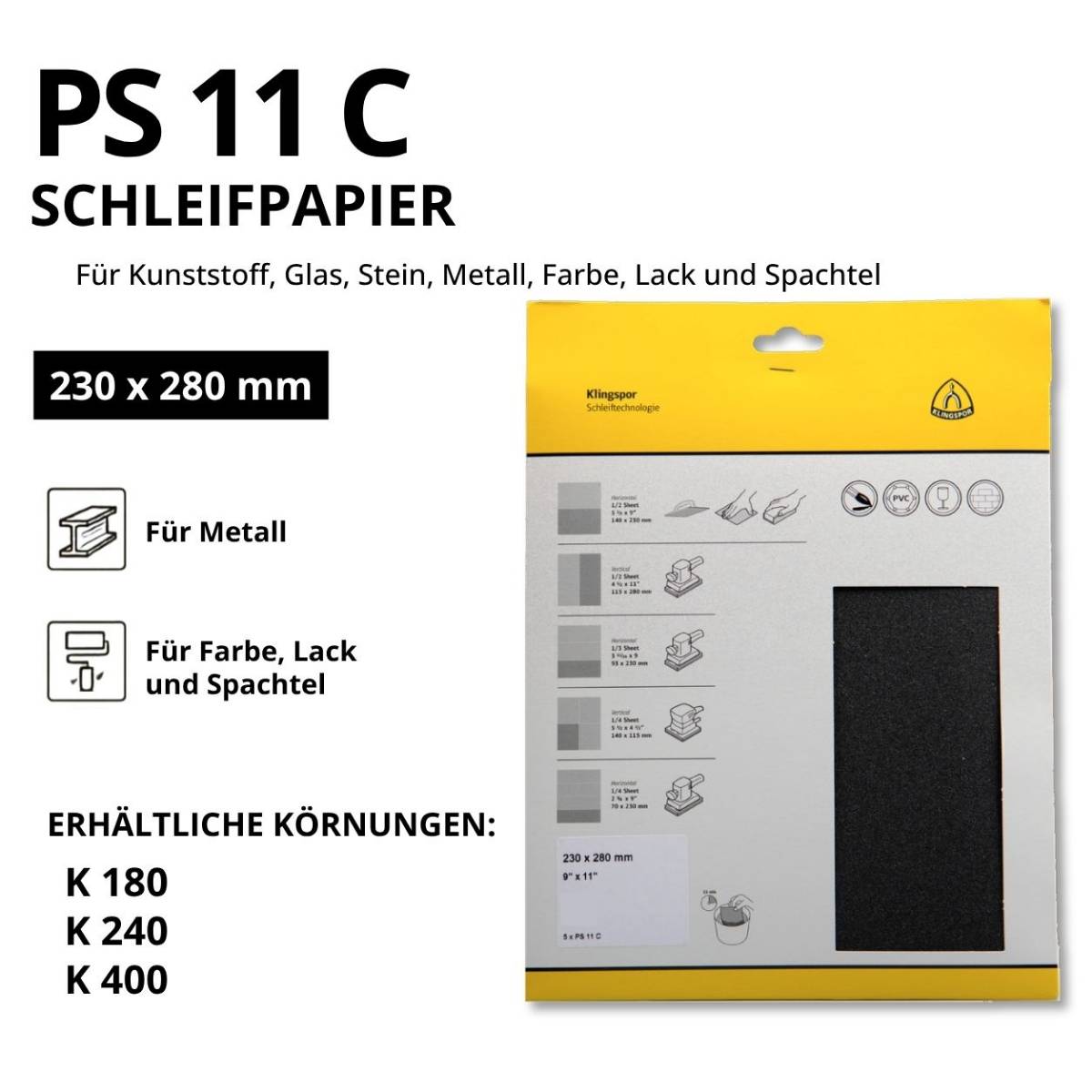 Klingspor Schleifpapier-Bogen PS 11 C 5er Pack- 230 x 280 mm - wasserfest