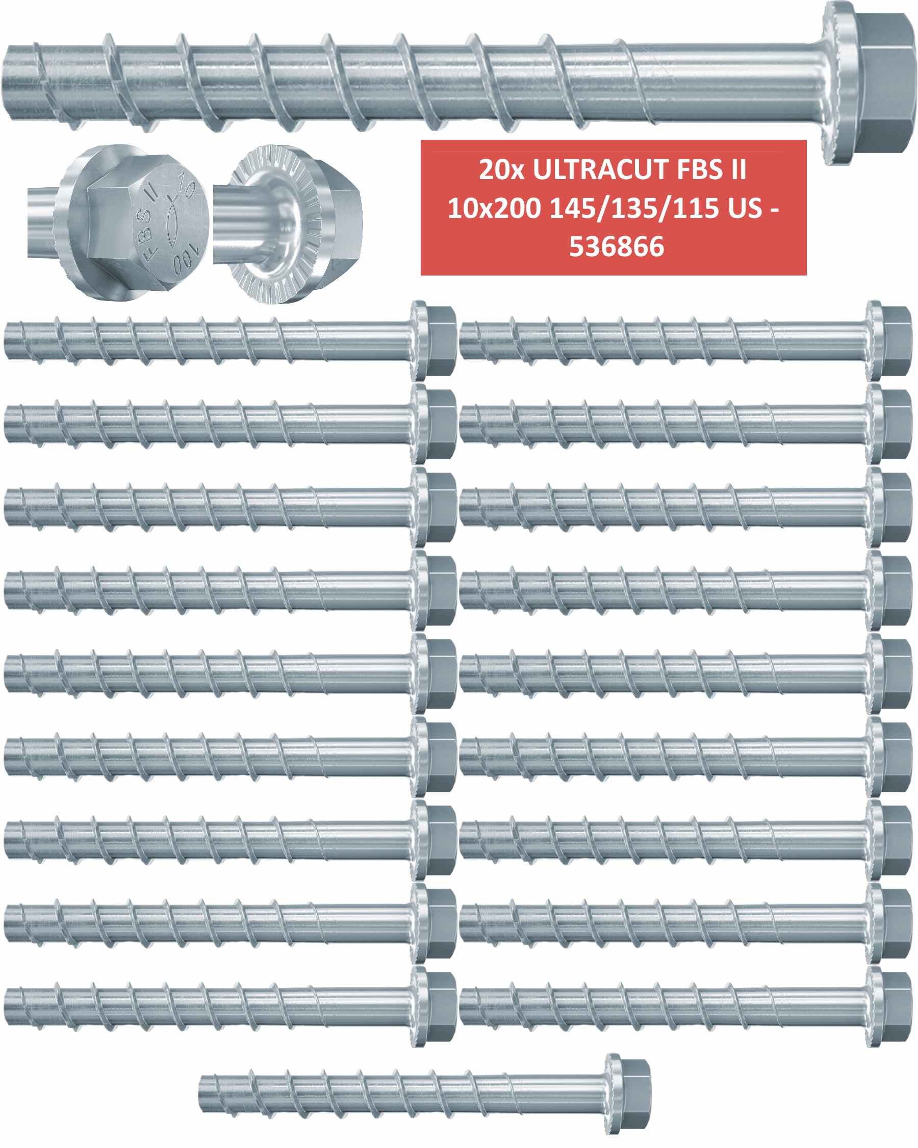 Fischer Betonschrauben Sechskant UltraCut FBS II 10x200 145/135/115US - 20 Stück