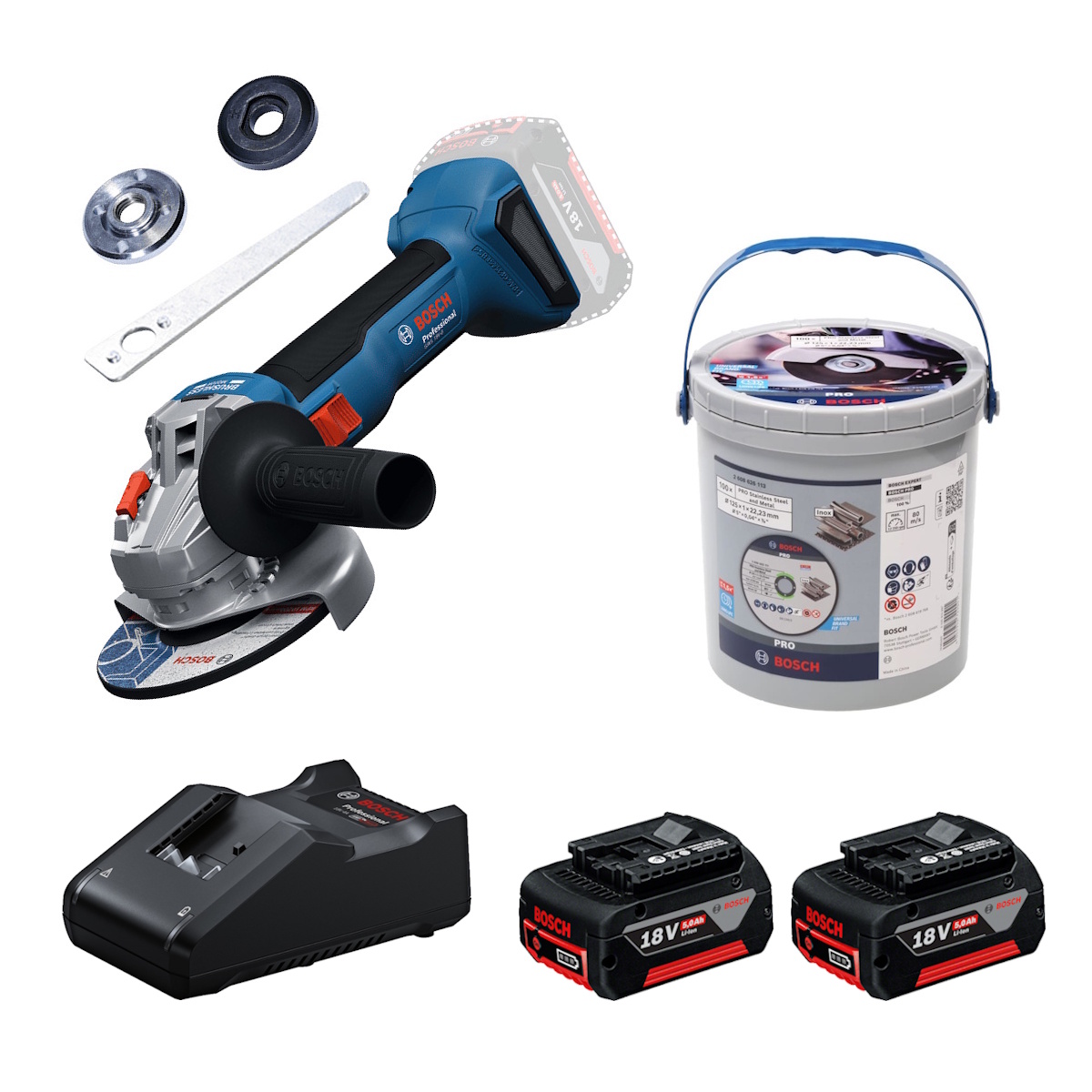 Bosch Akku-Winkelschleifer GWS18V-8 Karton - 2x5Ah GAL18V-40 PRO Trennscheiben
