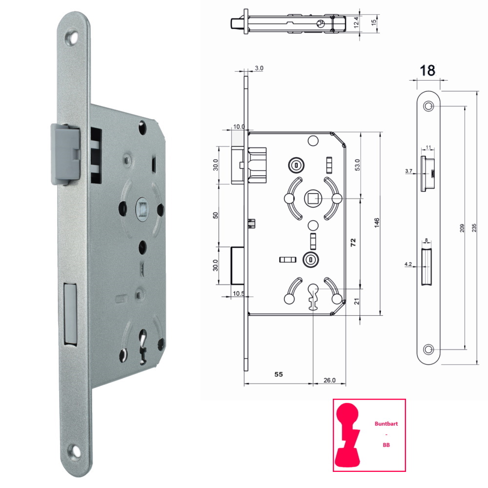 Bever Einsteckschloss Zimmertür BB WC 55/72/8 - 18mm Stulp rund Kunststofffalle