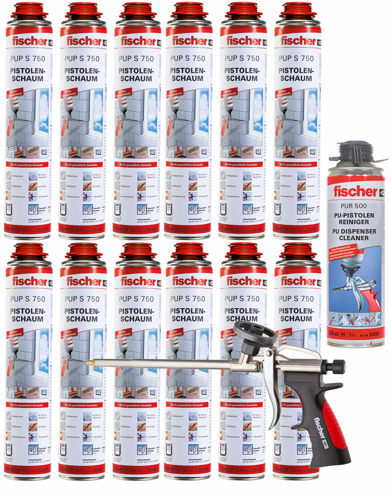 Fischer Pistolenschaum PUP S 750ml B2 1K - 12 Stück + 1x Pistole + 1x Reiniger