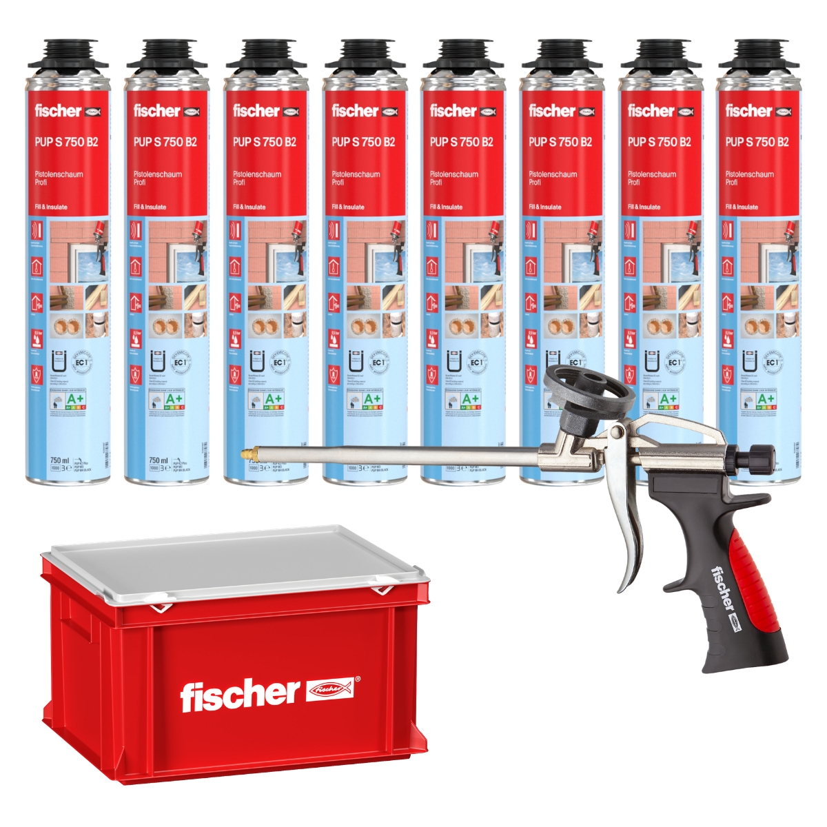Fischer Pistolenschaum Set PUP S 750ml 8x Schaum + Pistole + Transportbox