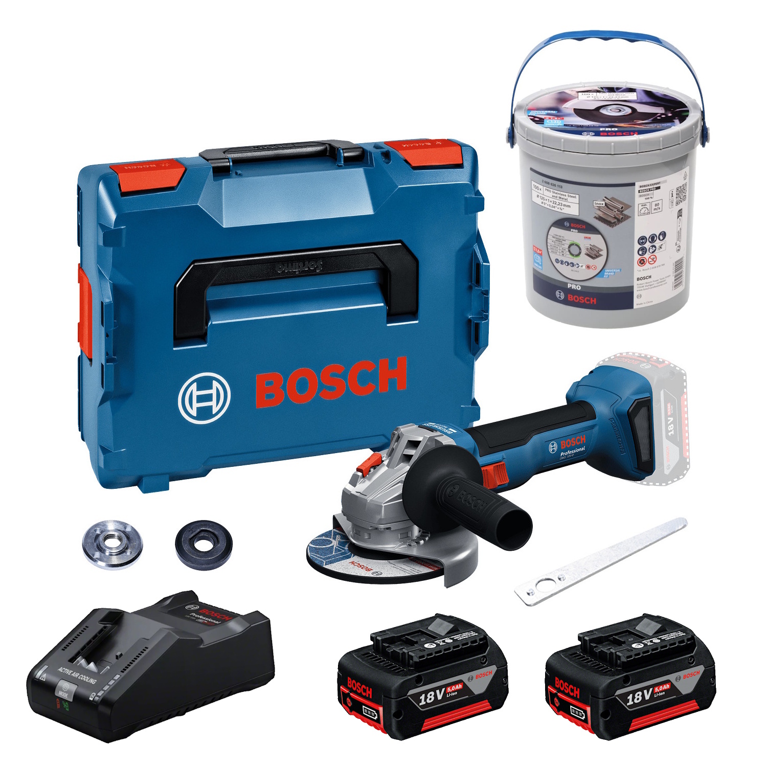 Bosch Akku-Winkelschleifer GWS18V-8 L-BOXX - 2x5Ah GAL18V-160 PRO Trennscheiben