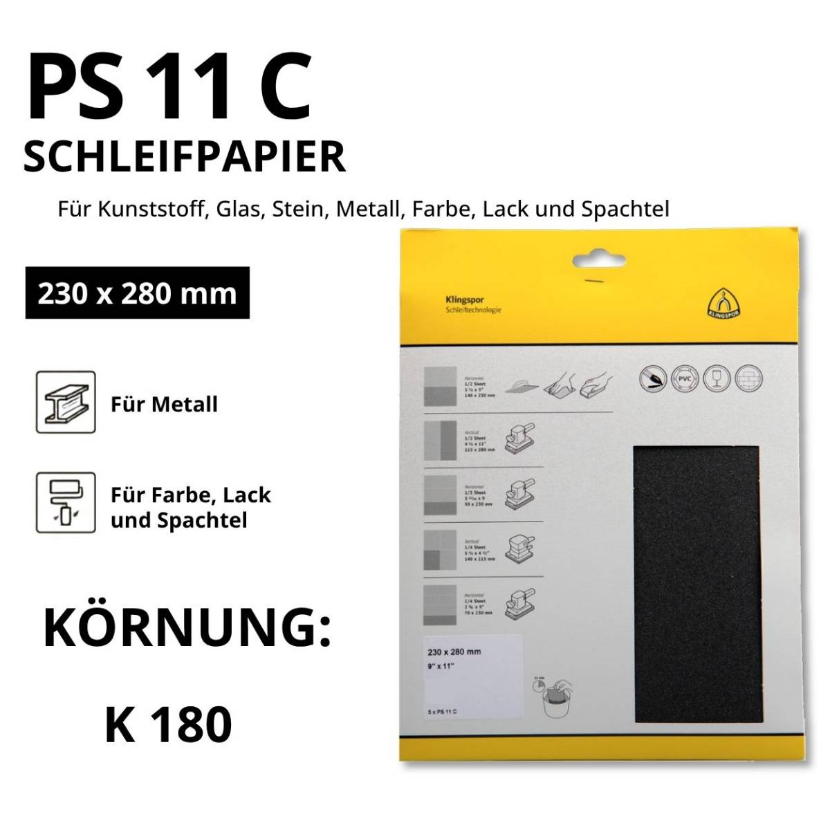 Klingspor Schleifpapier-Bogen PS 11 C 5er Pack- 230 x 280 mm - wasserfest - K 180