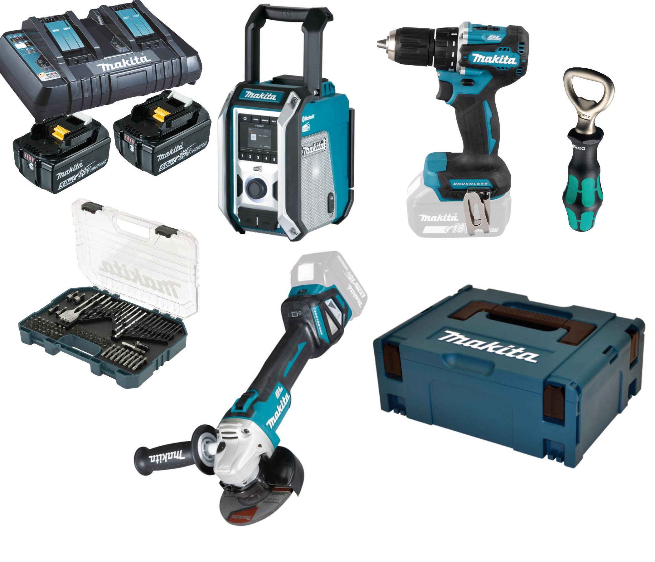 Makita Akku Baustellenpaket - DGA511,DMR115,2x5AH,DC18RD,Makpac,DDF487,Öffner