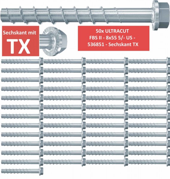 50 Fischer Betonschrauben ULTRACUT FBS II - 8x55 5/- US - 536851 - Sechskant TX