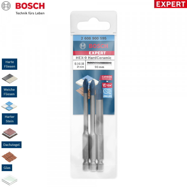 Bosch Bohrer Fliesenbohrer - 3 teiliges Set 5/6/8mm - EXPERT HEX-9 HardCeramic